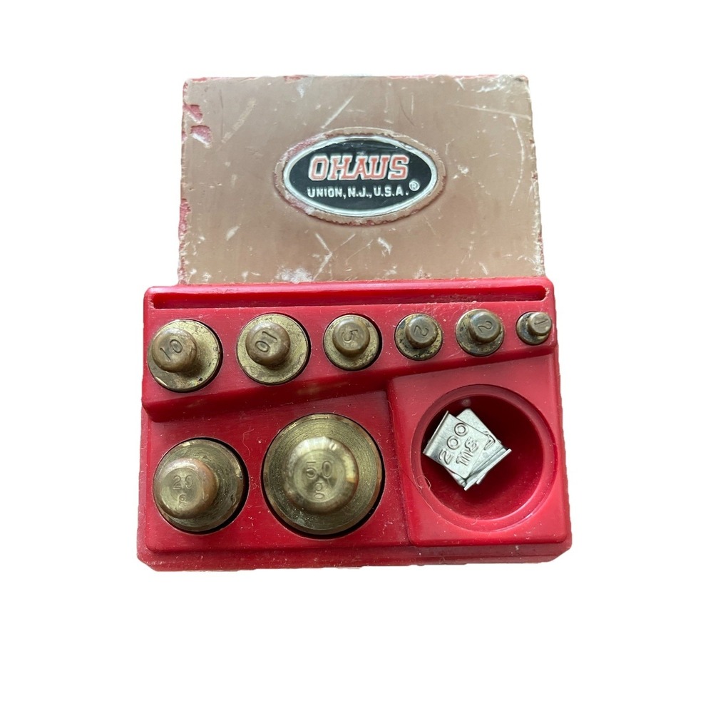 Ohaus 9 Piece Brass Metric Calibration Set 5g to 1Kg W Case, Missing 100G